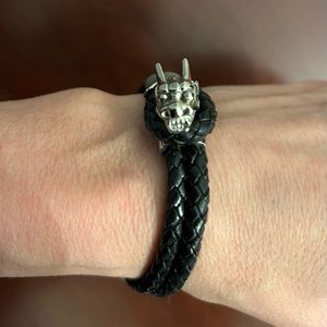 Silver Tone Metal and Black Leather Dragon Bracelet